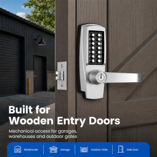 Keyless Door Lock with Handle, Battery-Free Mechanical Keypad Lock - color: Stainless steel color