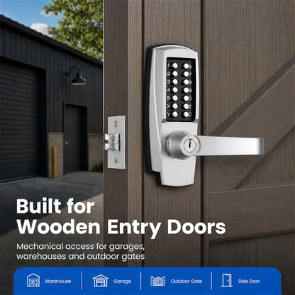 Keyless Door Lock with Handle, Battery-Free Mechanical Keypad Lock - color: Stainless steel color