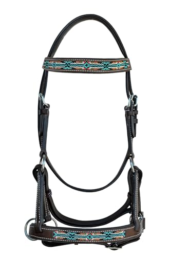 Horse Western English Leather Bitless Sidepull Bridle w/ Split Reins 77RS10 - color: Brown/Beaded