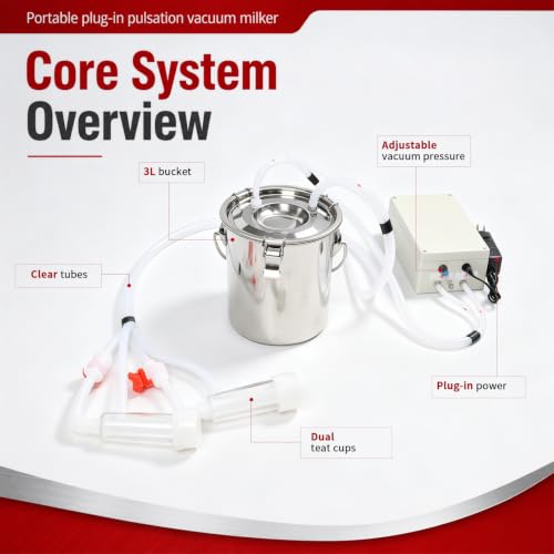 Nakkaa 3L Portable Plug-in Goat Milking Machine | Pulsation Vacuum Electric Milker, Compact Portable Easy Transfer, No Backflow Overflow Protection, Easy Rinse