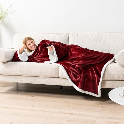 PAVILIA Sherpa Wearable Blanket with Sleeves and Pocket, Plush Thick Cozy Body Blanket Wrap for Adult Women Men, Christmas Gift for Wife Mom, Burgundy Red - color: Wine