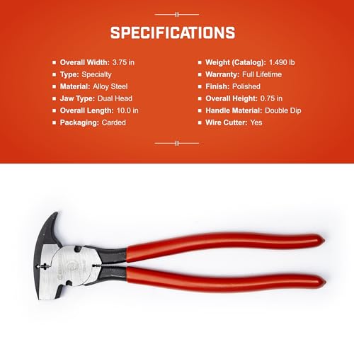 Crescent Dipped Handle, Heavy-Duty Solid Joint Fence Tool Pliers - Premium Wire Cutter & Staple Puller - 193410CVNN-05-10", Red