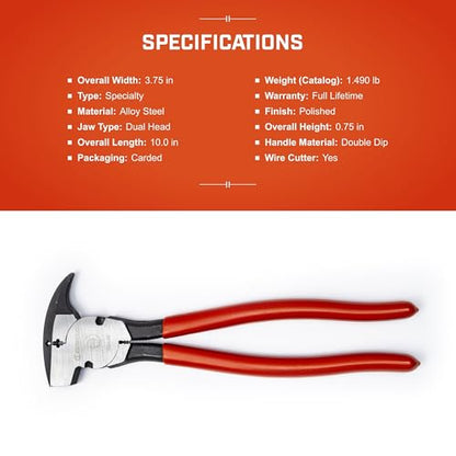 Crescent Dipped Handle, Heavy-Duty Solid Joint Fence Tool Pliers - Premium Wire Cutter & Staple Puller - 193410CVNN-05-10", Red