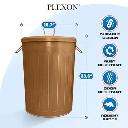 Plexon 20 Gallon Metal Trash Can with Lid Outdoor Large Trash Bin Steel Garbage Can for Garage Patio Farmhouse Bucket Bird Seed Storage Can Heavy Duty Round Container, Brown - color: Brown