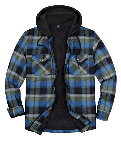 ZENTHACE Men's Sherpa Lined Full Zip Hooded Plaid Shirt Jacket - color: Blue Plaid, size: X-Large