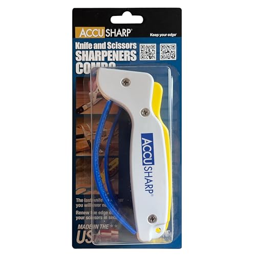 AccuSharp Hand-Held Carbide Blade Sharpener & ShearSharp Scissor Sharpener, Restores and Hones Straight & Serrated Knives, Revives the Edge of General Purpose Scissors - color: White & Yellow