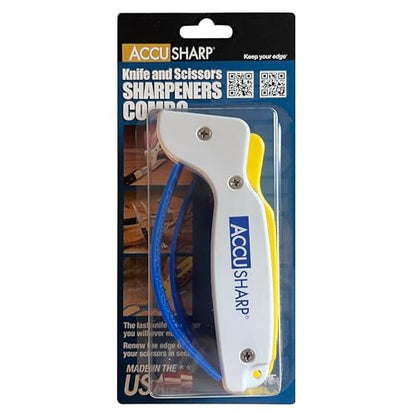 AccuSharp Hand-Held Carbide Blade Sharpener & ShearSharp Scissor Sharpener, Restores and Hones Straight & Serrated Knives, Revives the Edge of General Purpose Scissors - color: White & Yellow