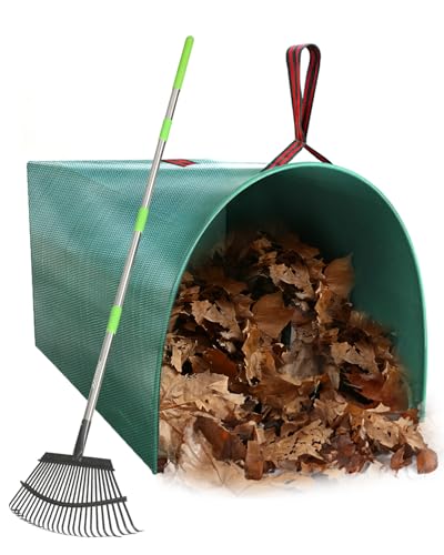 65 Inch 25 Tines Metal Leaf Rake Set with 40 Gal Dustpan-Type Bags | Heavy duty garden rake, Leaf gathering tool, Yard waste bag set, Metal dustpan rake, Lawn tool, Grass clippings sweeper - style: Green Dustpan