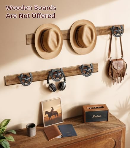 Cowboy Hat Rack for Wall, 6 Pack Iron Horseshoe Star Hooks, Black - color: Black