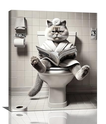 Funny Cat Bathroom Wall Decor Black and White Kitten in Toilet Canvas Wall Art Kitten Picture Print Bathroom Animal Artwork Decorations for Cat Lover Restroom Framed Gifts 20"X24" - color: Bathroom Cat, size: 24"L x 20"W