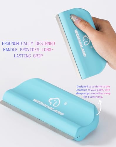 Deshedding Brush for Dogs and Cats, Wooden Ergonomic Handle | For short, long, double-coated dogs and cats. Gently removes loose undercoat without scratching. Wooden ergonomic grip. - color: blue