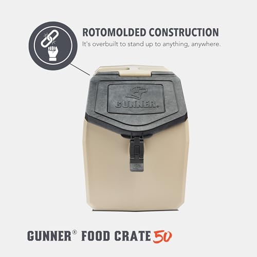 GUNNER 50 lbs Tan Dog Food Storage Container with Measuring Scoop – Waterproof & Airtight Pet Food Bin for Dry Food, Corn, Chicken Feed, Bird Seed & Treats – 3 Cup Ergonomic Scooper with Markers