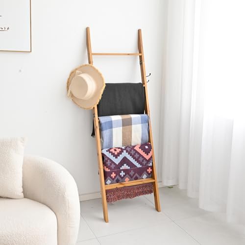 FUIN Blanket Ladder, 58in Rustic Solid Wood with Side Hangers Decor Rack