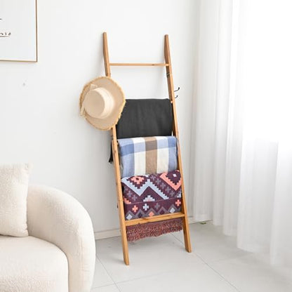 FUIN Blanket Ladder, 58in Rustic Solid Wood with Side Hangers Decor Rack