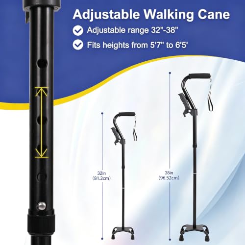 Stand Secure Cane with Stand Up Assist Handle for Elderly, 4 Prong Adjustable Walking Canes for Seniors Women and Men, Non-Slip Wide Base, Aluminum Foldable Stand Cane - color: Black