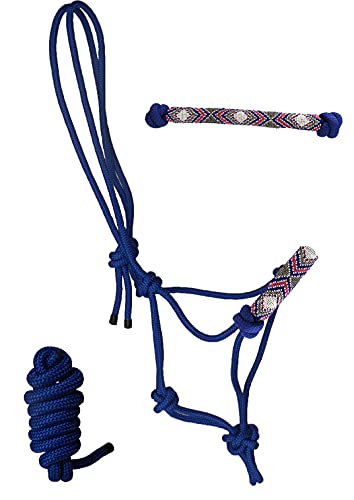 Nylon Miniature Horse Size Cowboy Knot Rope Halter with Beaded Nose and Lead (Blue)