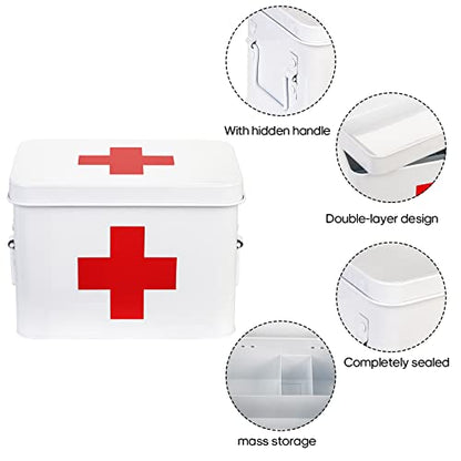 WUWEOT Metal First aid Box, Divided Medicine Tin First Aid Kit, Vintage Antique Empty Boxes with Lid and Removable Tray for Home Family Emergency Tool