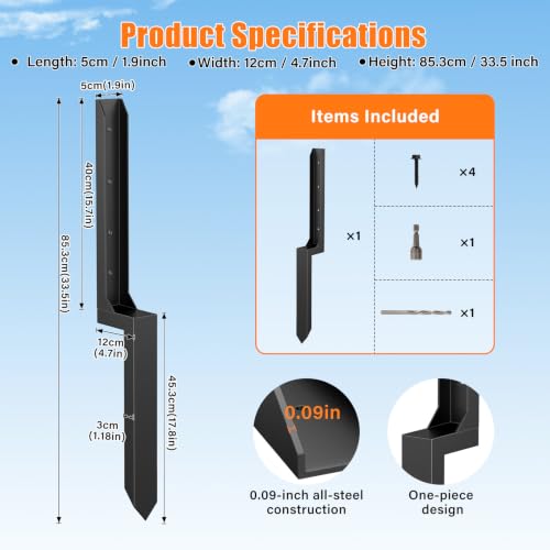 1 Pcs Fence Post Repair Kit,4×4/6x6 Fence Post Support,Heavy Duty Post Anchor Ground Spike with One-Piece Steel Anchor & Stakes for Repair Tilted, Broken Wood Fence Post - size: One-Piece