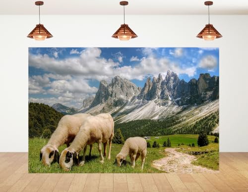 5x3ft Grass Sheep Mountain Backdrop White Wool Sheep Green Alpine Trail Sharp Rock Peak Cloudy Sky Photography Background Tapestry Party Pastoral Mountain Decorations Photo Booth Props - size: 5x3ft