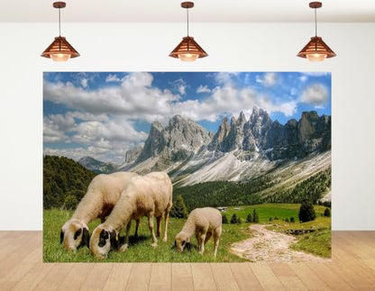 5x3ft Grass Sheep Mountain Backdrop White Wool Sheep Green Alpine Trail Sharp Rock Peak Cloudy Sky Photography Background Tapestry Party Pastoral Mountain Decorations Photo Booth Props - size: 5x3ft