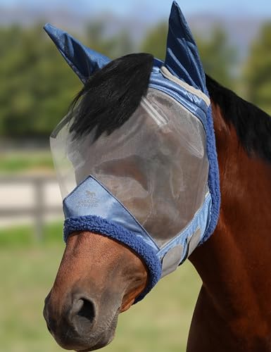 Harrison Howard CareMaster Horse Fly Mask UV Protective Fine Mesh with Extra Wool Soft Touch on Skin Cerulean Blue-Silver M - color: Cerulean Blue-Silver, size: Cob (Medium)
