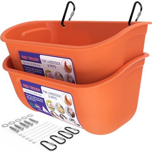 Goovilla Chicken Feeder Waterer, Hanging or Screw-in, 2 Pack 5 Quart,Orange | With Clips and Screws, Goat Feeding Supplies, Duck Piglet Sheeple Coop Dog Livestock Poultry Plastic Feeder Trough Bucket - color: Orange, size: 5 Quart