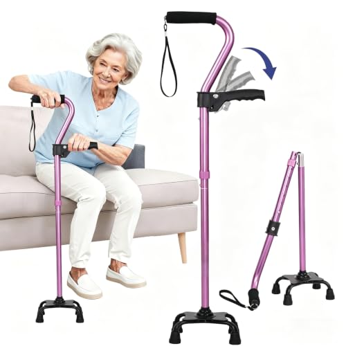 Stand Secure Cane with Stand Up Assist Handle for Elderly, 4 Prong Adjustable Walking Canes for Seniors Women and Men, Non-Slip Wide Base, Aluminum Foldable Stand Cane - color: Light Purple