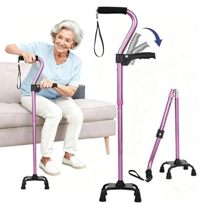 Stand Secure Cane with Stand Up Assist Handle for Elderly, 4 Prong Adjustable Walking Canes for Seniors Women and Men, Non-Slip Wide Base, Aluminum Foldable Stand Cane - color: Light Purple