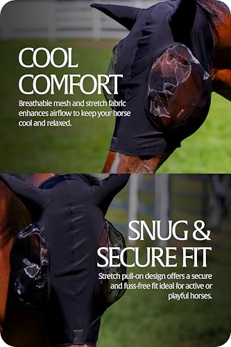 Equinavia Bug Out Horse Fly Mask, Soft Stretch Equine Fly Mask with Ears - color: Black, size: Warmblood