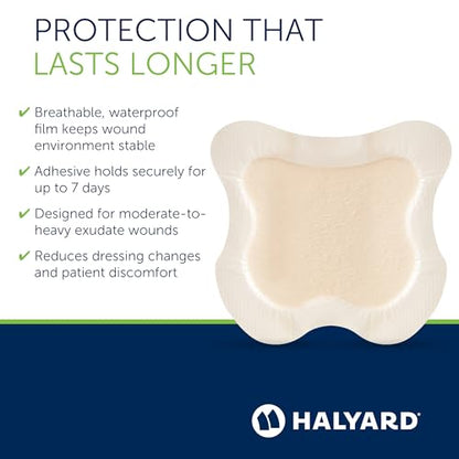 HALYARD Multi-Layer Bordered Silicone Foam Wound Dressing Sacral Bandage Gentle Adhesive Superabsorbent Core Conformable & Breathable Water Resistant Protective Film Backing, 7 Inches x 6.5 Inches - size: 7"x6.5"