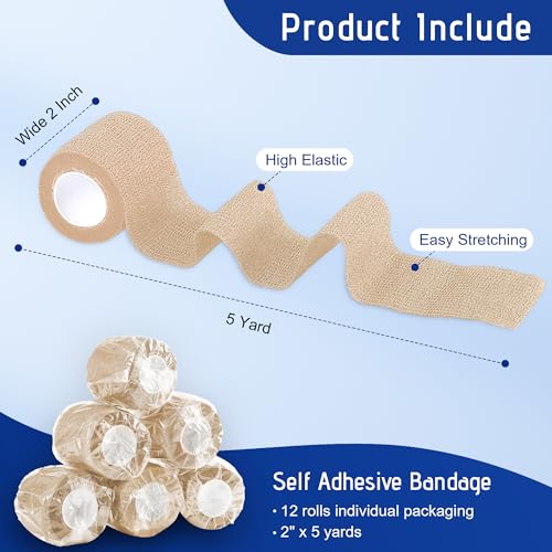 12 Pack Self Adhesive Bandage Wrap 2 Inch X 5 Yards Athletic Tape, Elastic Self Adherent Tape for Ankle, Wrist, Bandage Tape (Skin Color) - color: Skin Color