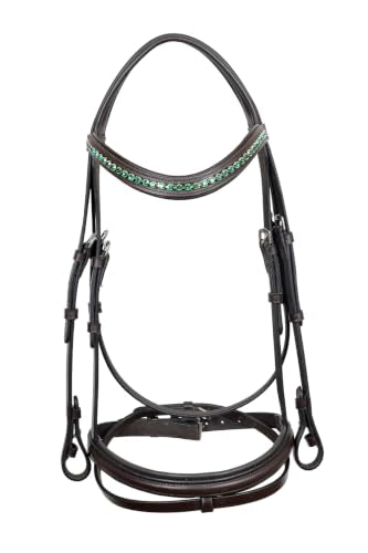 Horse Jumping Leather Bridle with Web Reins | Premium Genuine Leather English Bridle | Padded Browband & Noseband | Stainless Steel Buckles | Dark Brown Size Full - color: Havana Brown - Green Crystal