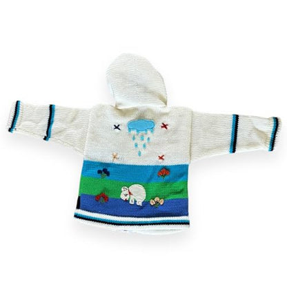 Peruvian Wool Knitted Sweater with hoodie for babies & toddlers, Unisex, Chompas Peruanas, fall winter sweater - color: White and Blue, size: 2