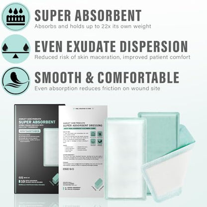 EVERLIT CARE EquiFlow Super Absorbent Dressing for Heavily Exuding Wound | Fast-Absorbing Non-Adhesive Polymer Dressing with Nonstick Gauze Pad | High Absorption & Retention | Pack of 10 (4" x 8") - size: 4" x 8"