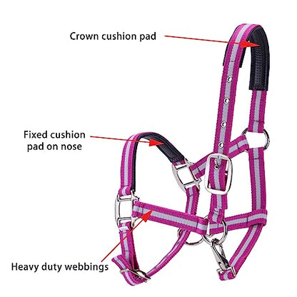 Adjustable Horse Halters - Heavy Duty Nylon Webbing & Hardware, Padded with Anti Chafing Foam-Cushioned on Crown & Nose - color: Rose Red, size: Cob