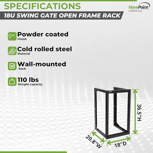 NavePoint 18U Server Rack with Swing Gate - Wall Mount Rack for 19 Inch IT Equipment Open Frame Rack – Network Rack Wall Mount for AV & Server Equipment 18” Deep Rack, Black - size: 18U - 18in Deep
