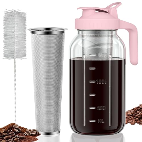 JunVpic Cold Brew Coffee Maker, 64 oz Glass Mason Jar Pitcher | 100μm stainless steel filter, wide mouth design, leak-proof lid with handle, pour spout for iced coffee, tea and cold drinks - color: Pink, size: 64 Ounces