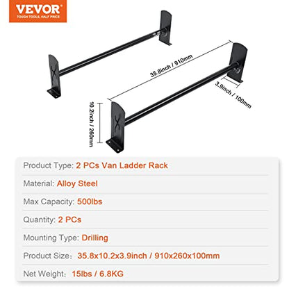 VEVOR Van Roof Ladder Rack, 2 Bars Alloy Steel Roof Racks, 500 LBS Capacity Roof Rack, Adjustable Length 35.8"-52.4", Van Ladder Rack Compatible with Chevrolet Express, GMC Savana, etc, Drilling Mount - size: for Minivans