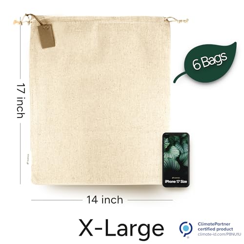 LEAFICO Cotton Storage Bags – X-Large 14x17 Inch (6-Pack) – Reusable Muslin Bags with Drawstrings – Biodegradable Canvas Fabric Sacks – Perfect for Bread, Bulk Produce, Potatoes, Onions, Shoes - size: X-Large 14x17"(6pack)