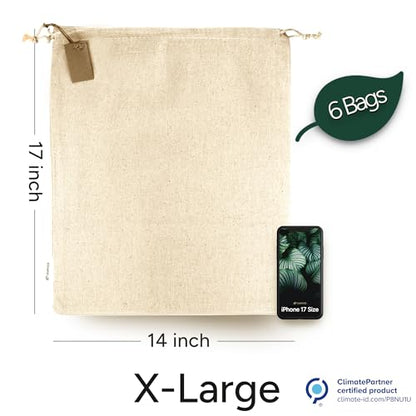 LEAFICO Cotton Storage Bags – X-Large 14x17 Inch (6-Pack) – Reusable Muslin Bags with Drawstrings – Biodegradable Canvas Fabric Sacks – Perfect for Bread, Bulk Produce, Potatoes, Onions, Shoes - size: X-Large 14x17"(6pack)