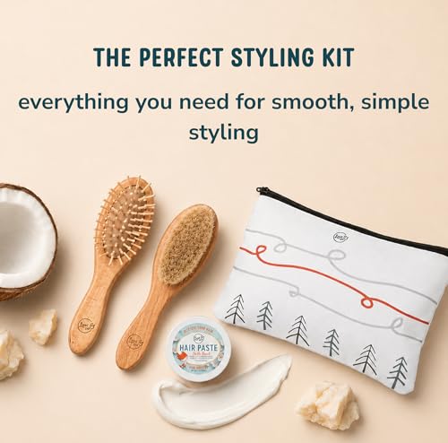 LANE & CO. Cradle Cap Brush Set, Baby & Toddler Hair Brush with Hair Paste | Baby grooming kit with soft goat-hair brush, hard-bristle brush, plant-based hair paste and cotton storage bag
