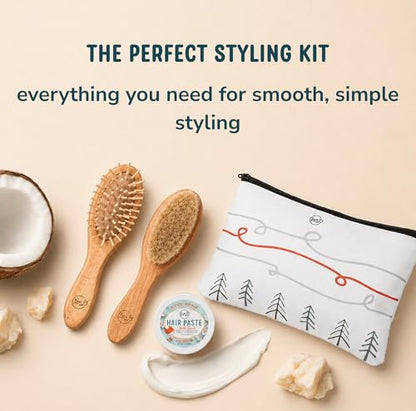 LANE & CO. Cradle Cap Brush Set, Baby & Toddler Hair Brush with Hair Paste | Baby grooming kit with soft goat-hair brush, hard-bristle brush, plant-based hair paste and cotton storage bag
