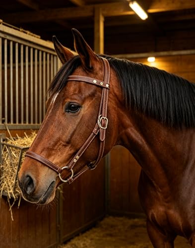 J7 Adjustable Full-Grain Leather Horse Halter with Breakaway Crown Padded Noseband & Cheek Straps Durable Everyday Halter for Training & Turnout