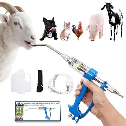 Adjustable Veterinary Metal Feeding Gun: Large Goat Drench Gun - Anti-Bite Metal Head Livestock Self-Feeding Tool - with Bucket for Pigs, Cattle, Sheep, Horses