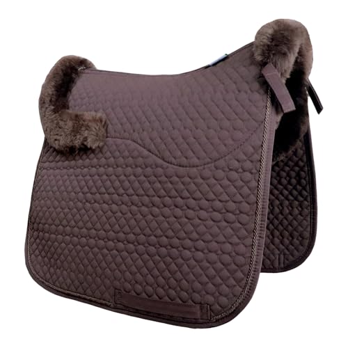Woolous Dressage Saddle Pad, English Saddle Pad with Sheepskin Trim, Lambskin Wool Fleece Lining, Square Saddle Pad for Equestrian Riding, Comfortable & Shock Absorbing - color: Brown