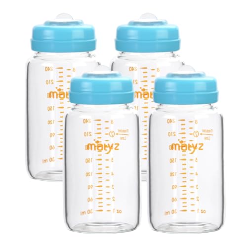 Matyz 유리 모유 보관 병, 4팩, 226.8g(8온스), 우유 냉동 및 아기 수유를 위한 튼튼한 유리병 - 필립스 메델라 스펙트라 유축기용 대형 펌핑 병 - BPA 없음 (블루 뚜껑) - color: [4개 팩] 파란색 뚜껑 - 226.8g(8온스) 붕규산 유리 병
