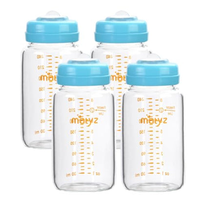Matyz 유리 모유 보관 병, 4팩, 226.8g(8온스), 우유 냉동 및 아기 수유를 위한 튼튼한 유리병 - 필립스 메델라 스펙트라 유축기용 대형 펌핑 병 - BPA 없음 (블루 뚜껑) - color: [4개 팩] 파란색 뚜껑 - 226.8g(8온스) 붕규산 유리 병