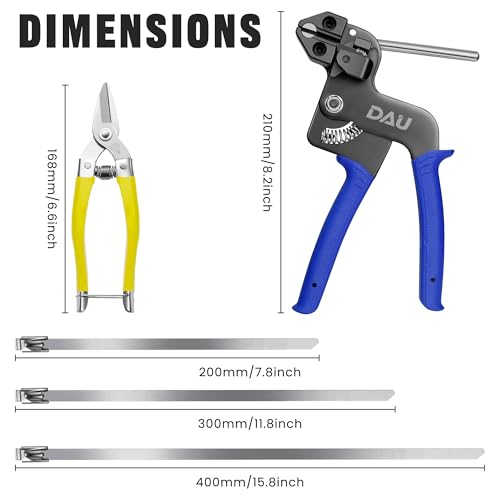 DAU Stainless Steel Cable Tie Gun Kit-150PCS Metal Zip Ties (3 Sizes), Tensioning/Cutting Tool for Fencing, Chicken Coop, Cable Bundling, Exhaust Repair & Structural Reinforcement