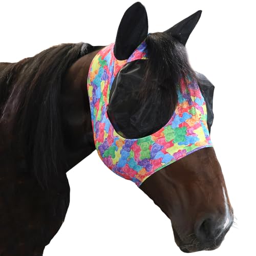 Gummy Bear Collage Stretchable Forelock Hole Fly Mask with Ears and Zip Chin - size: Horse
