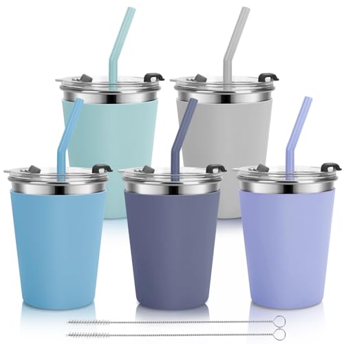 Stainless Steel Kids Cups with Lids, 5 Pack 12oz Spill Proof Cups - color: Green, Light Gray, Blue, Gray, Purple